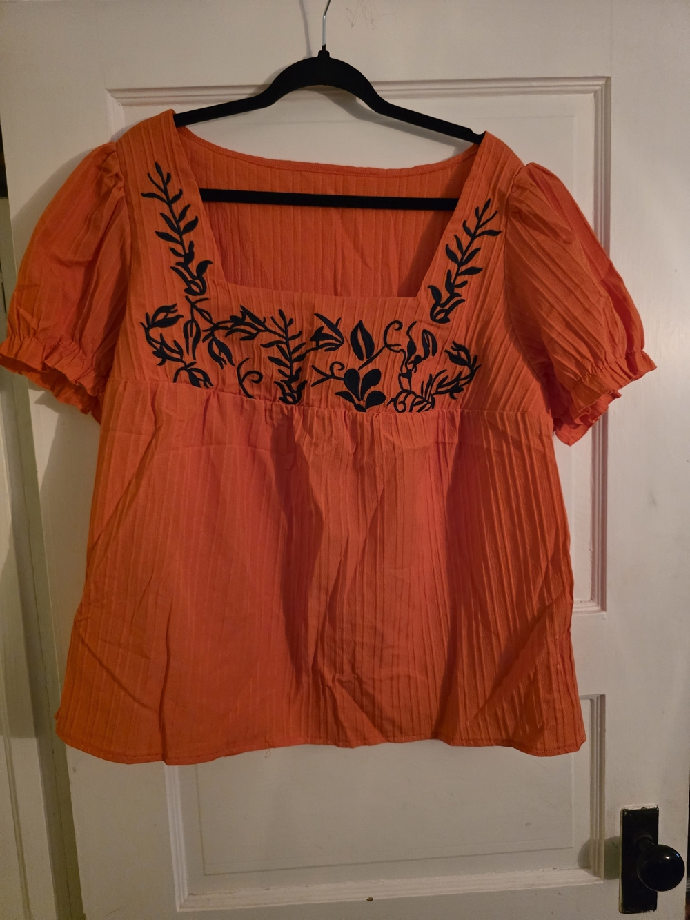 SHEIN Orange Square-Neck Blouse with Black Floral Embroidery
